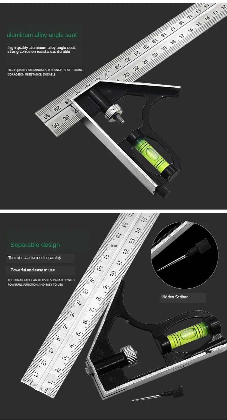 300mm DIY Precise Stainless Steel Measuring Tools Aluminium Combination Mobile Square Workshop Hardware Angle Spirit Level